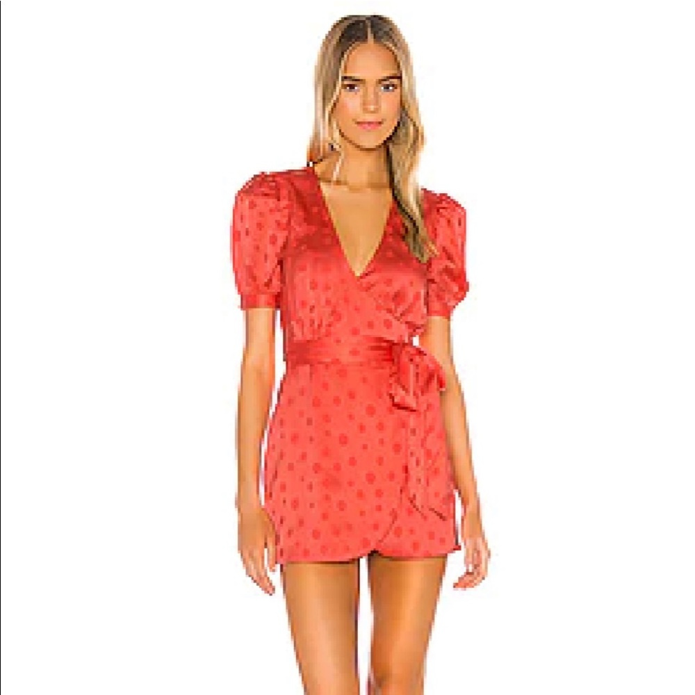 Privacy Please Red Puff Sleeve Mini Wrap Dress
